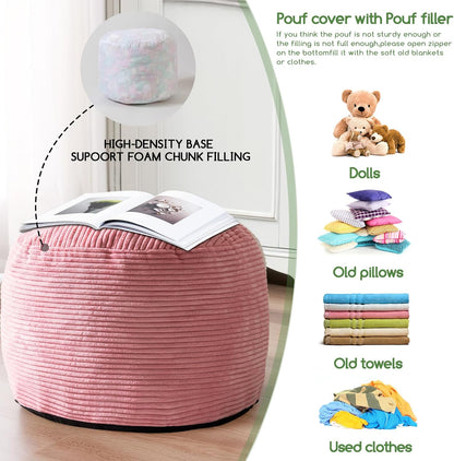 Round Stuffed Pouf Ottoman, Corduroy Poufs with Foam Chunk Filling, Furry and Fluffy Pouf Foot Stool Storage Ottoman, 20 X 15 Floor Poufs Foot Rest for Living Room, Dark Grey