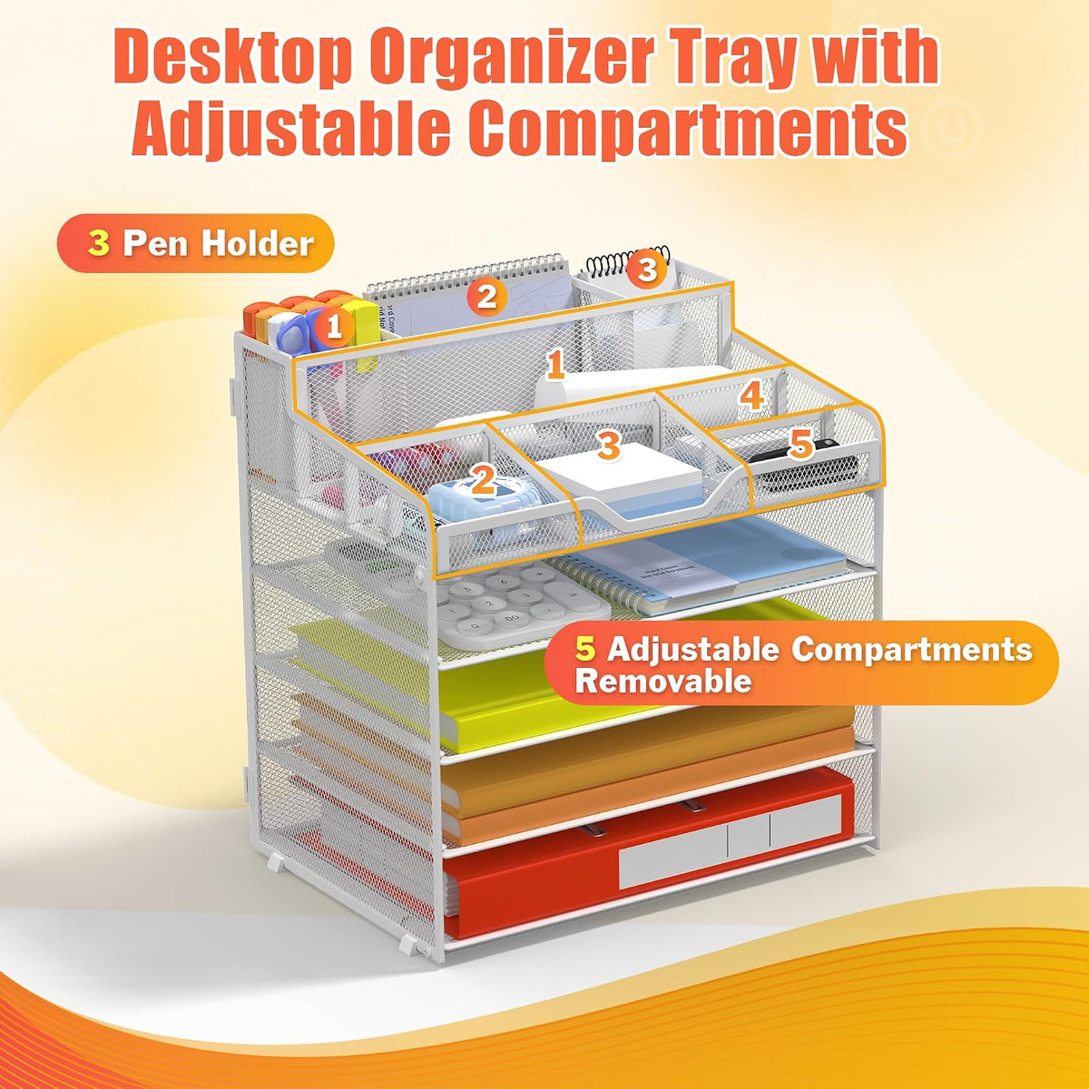 Docnest 5 Tier Mesh Desk Organizer for Paper Office Supplies – Multi-Functional Letter Tray with 5 Adjustable Compartments, 3 Pen Holders, Desktop Storage for Files, Mail, Stationery – Black