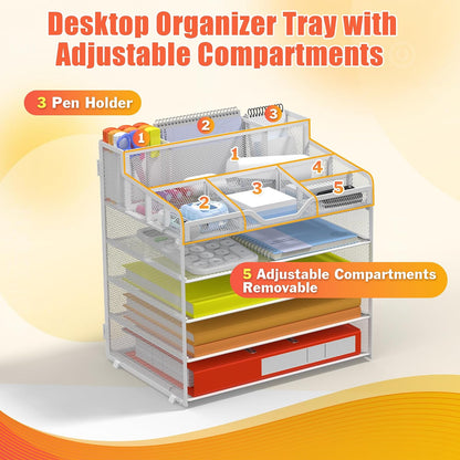 Docnest 5 Tier Mesh Desk Organizer for Paper Office Supplies – Multi-Functional Letter Tray with 5 Adjustable Compartments, 3 Pen Holders, Desktop Storage for Files, Mail, Stationery – Black