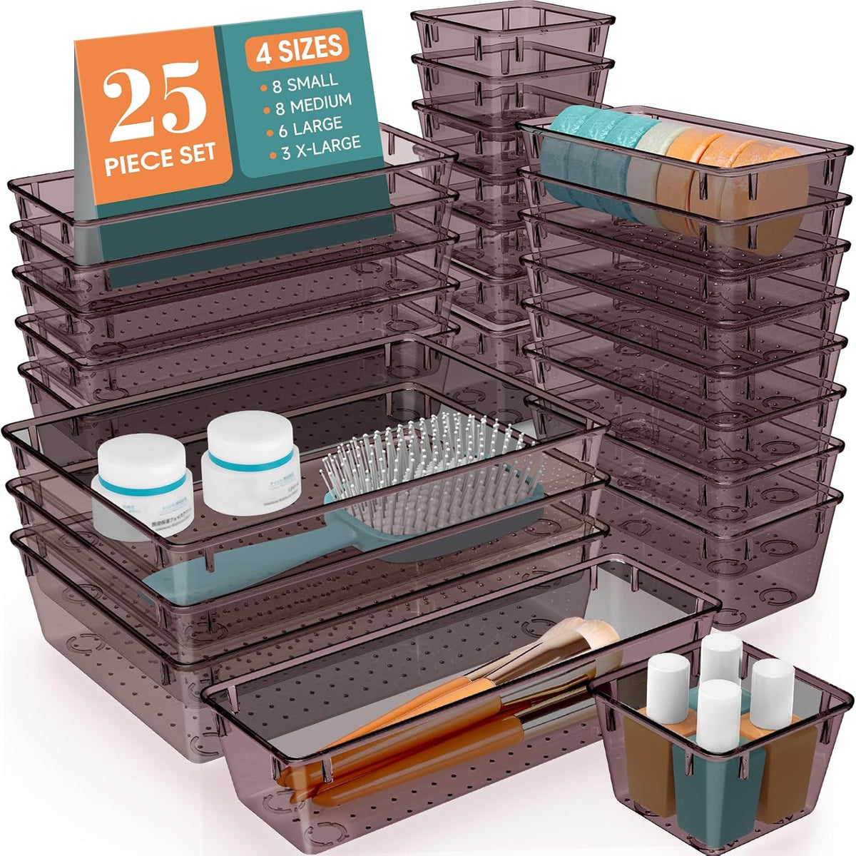 WOWBOX 25 PCS Clear Plastic Drawer Organizer Set, 4 Sizes Desk Drawer Divider Organizers and Storage Bins for Makeup, Jewelry, Gadgets for Kitchen, Bedroom, Bathroom, Office