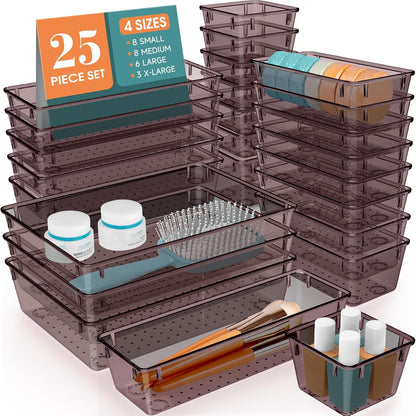 WOWBOX 25 PCS Clear Plastic Drawer Organizer Set, 4 Sizes Desk Drawer Divider Organizers and Storage Bins for Makeup, Jewelry, Gadgets for Kitchen, Bedroom, Bathroom, Office