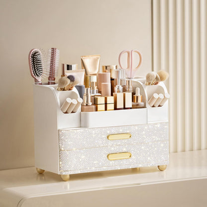 HBlife Makeup Organizer for Vanity with Brush Holder, Large Bathroom Countertop Cosmetic Organizer Skin Care Storage, Easy to Store Lipsticks, Nail Polishes, Perfumes, Eyeshadow Palettes, All White