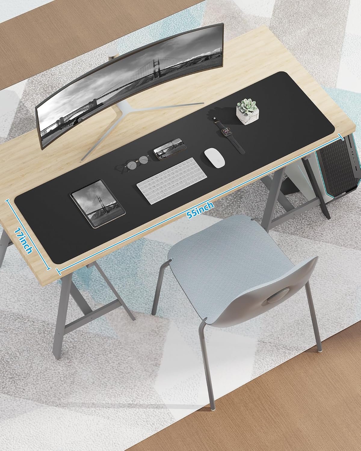 Large Desk pad mat,Mouse Pad,Office Desk Mat, Non-Slip PU Leather Desk Blotter,Large Desk pad,Waterproof Keyboard mat for Office/Home/Decor (Black,48" x 17")