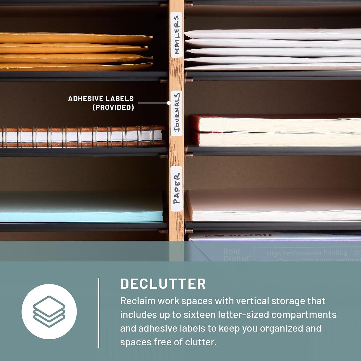 Safco 9422GR Wood Adjustable Literature & Paper Organizer, 16 Adjustable Compratment, Stackable Durable Construction, Home, Office, Mailroom, Classroom Mailbox , Gray