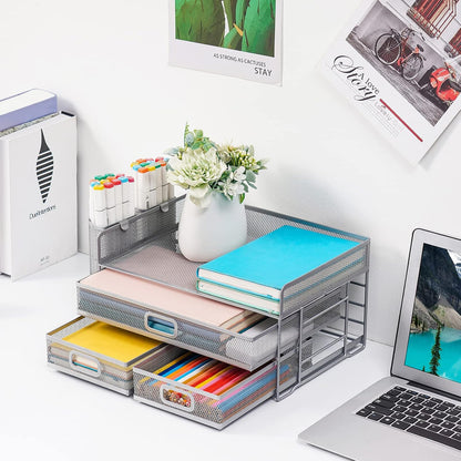 Marbrasse 3 Tier Mesh Desk Organizer with Drawer, Multi-Functional Desk Organizers and Accessories, Paper Letter Organizer with 2 Pen Holder for Home Office Supplies (Black)