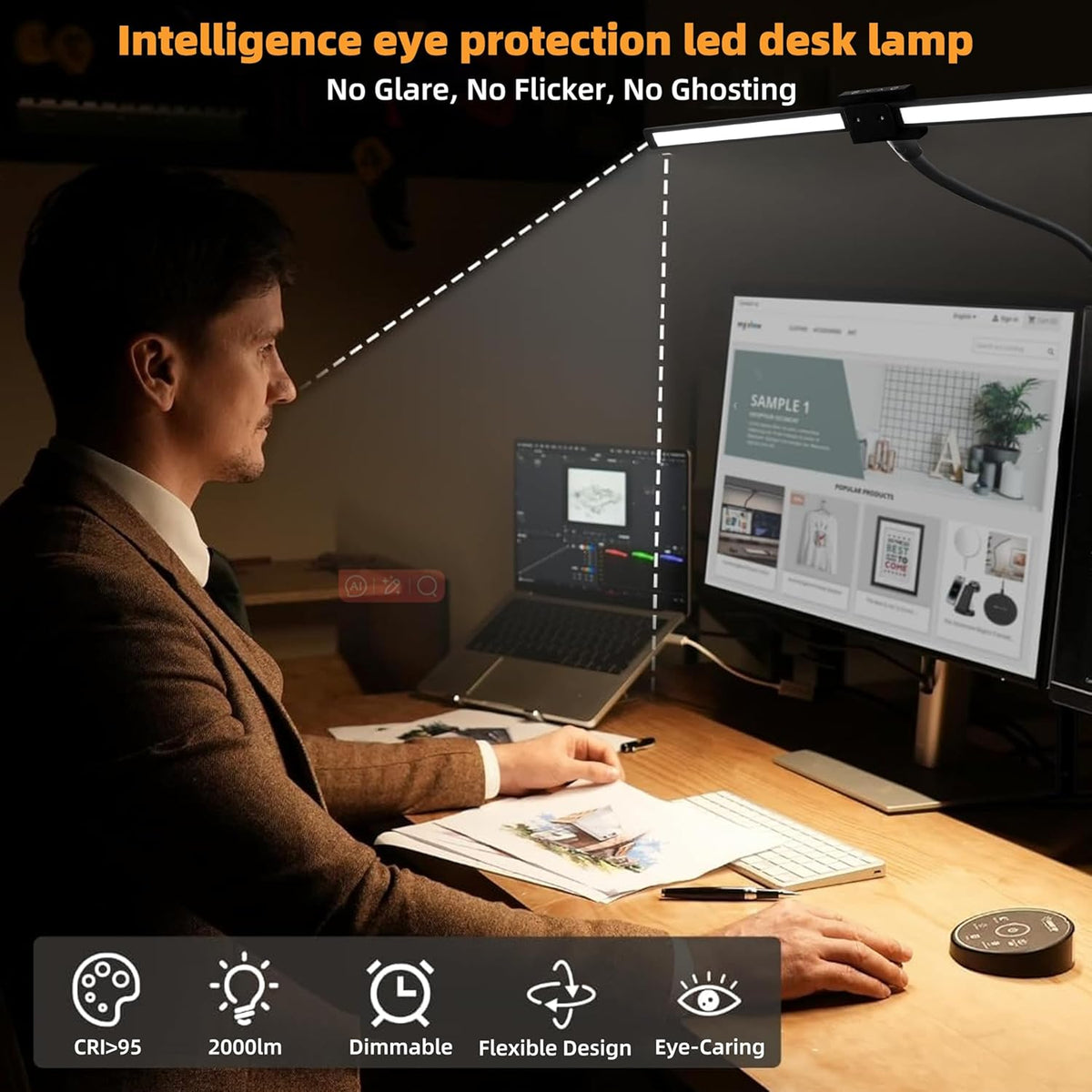 BAYSQUIRREL Led Desk Lamp with Clamp,Desk Light with Human Sensor,Gooseneck Remote Eye Protection Desk Lighting,24W Ultra Bright Stepless Dimming and Tempering LED Desk Lamp for Home Office, Bedroom
