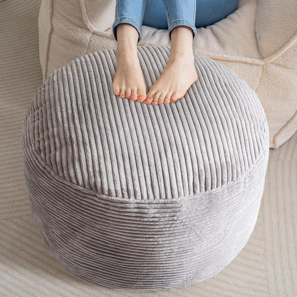 Round Stuffed Pouf Ottoman, Corduroy Poufs with Foam Chunk Filling, Furry and Fluffy Pouf Foot Stool Storage Ottoman, 20 X 15 Floor Poufs Foot Rest for Living Room, Dark Grey