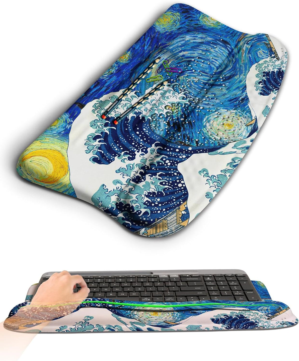 Ergonomic Wave Wrist Rest with Keyboard Stand, Cushioned Palm Rest, Comfortable Integrated Memory Foam for Natural Typing and Relieve Wrist Pain, Dark Night Black
