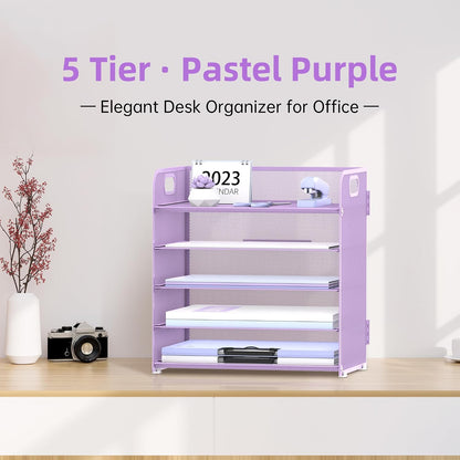 Supeasy 5 Trays Paper Organizer Letter Tray with Handle-Mesh Desk File Holders, Paper Sorter Desk Organizer for Office, Home, Classroom or School