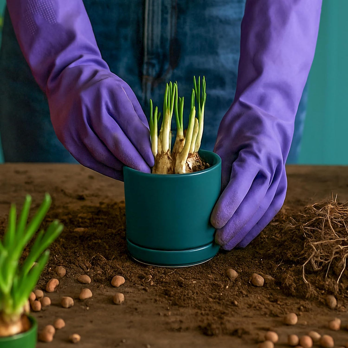 D'vine Dev 4.7 Inch Ceramic Planter Pot with Drainage Hole and Saucer, Indoor Cylinder Round Planter Pot, Teal, 94-O-B-9