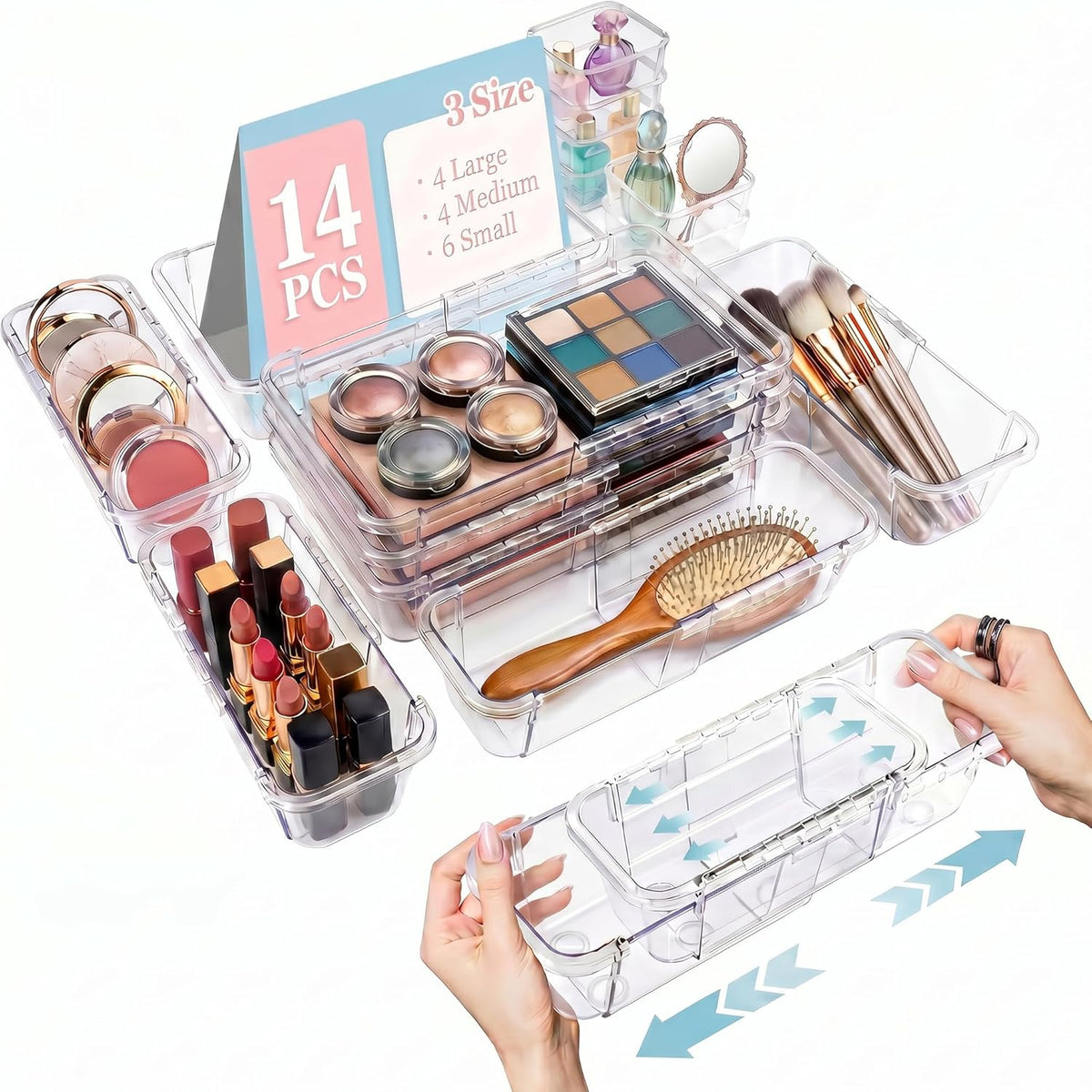 Expandable Clear Drawer Organizer, 3-Size Extendable Drawer Divider, Adjustable Plastic Storage Box, Arcrylic Storage Bins for Makeup Vanity Drawer Dresser DIY Desk Office Kitchen Utensils