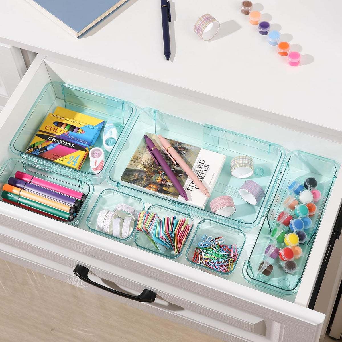 Adjustable Clear Drawer Organizer, Extendable Vanity Storage Bins, Desk Drawer Organizer Set for Makeup, Cosmetics, Bedroom, and Gadgets, Purple