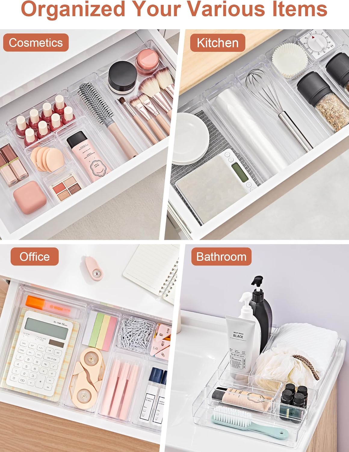 SMARTAKE Drawer Organizer with Non-Slip Silicone Pads, 5-Size Desk Drawer Organizer Trays Storage Tray for Makeup, Jewelries, Utensils in Bedroom Dresser, Office and Kitchen (Clear)