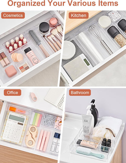 SMARTAKE Drawer Organizer with Non-Slip Silicone Pads, 5-Size Desk Drawer Organizer Trays Storage Tray for Makeup, Jewelries, Utensils in Bedroom Dresser, Office and Kitchen (Clear)