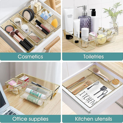 WOWBOX 25 PCS Clear Plastic Drawer Organizer Set, 4 Sizes Desk Drawer Divider Organizers and Storage Bins for Makeup, Jewelry, Gadgets for Kitchen, Bedroom, Bathroom, Office