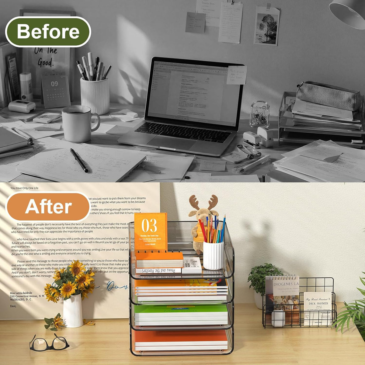 FANXIYQ 4-Tier Acrylic Paper Tray Organizer, Clear Stackable Desk File Organizer for Documents, Files, Letters, A4 Paper, Books, Notes, Mail & Paper Storage, Office Classroom Home