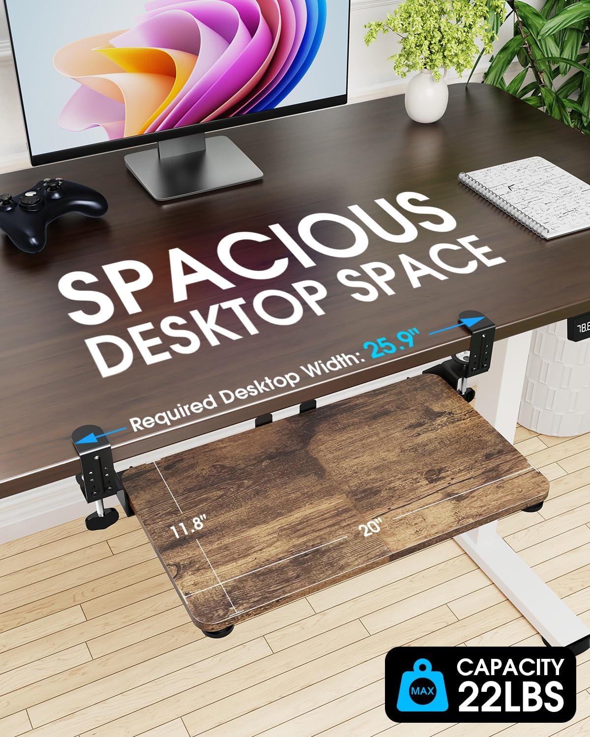 Small Keyboard Tray Under Desk, Pull Out Keyboard & Mouse Tray with Adjustable C-clamp, 20(25.9 Including Clamps) x 11.8 Inch Slide Out Computer Keyboard Drawer Mouse Tray for Typing, Walnut