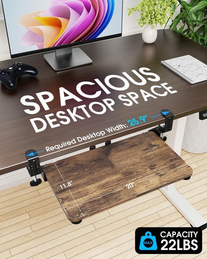 Small Keyboard Tray Under Desk, Pull Out Keyboard & Mouse Tray with Adjustable C-clamp, 20(25.9 Including Clamps) x 11.8 Inch Slide Out Computer Keyboard Drawer Mouse Tray for Typing, Walnut