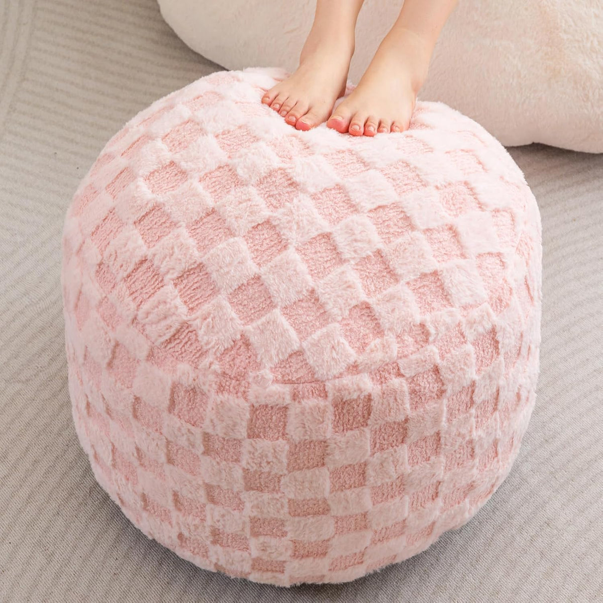 Round Stuffed Pouf Ottoman, Corduroy Poufs with Foam Chunk Filling, Furry and Fluffy Pouf Foot Stool Storage Ottoman, 20 X 15 Floor Poufs Foot Rest for Living Room, Dark Grey