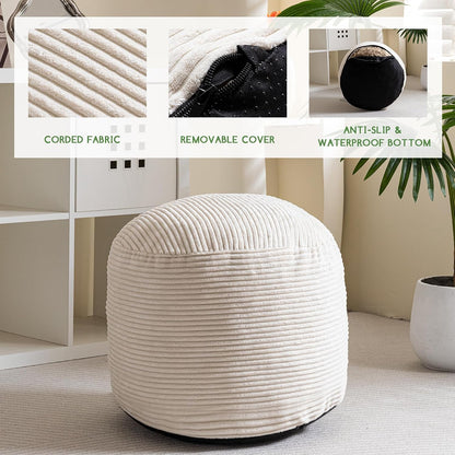 Round Stuffed Pouf Ottoman, Corduroy Poufs with Foam Chunk Filling, Furry and Fluffy Pouf Foot Stool Storage Ottoman, 20 X 15 Floor Poufs Foot Rest for Living Room, Dark Grey