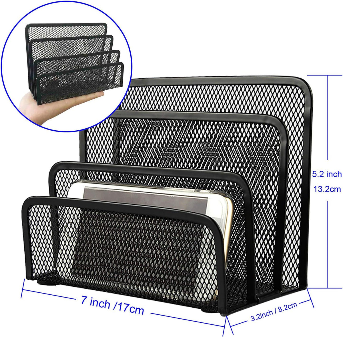 Desk Mail Organizer, File Holder Letter Sorter with 3 Vertical Upright Metal Mesh Compartments Document, Filing, Folders, Mail, Paper Organizer for Home or Office Desktop