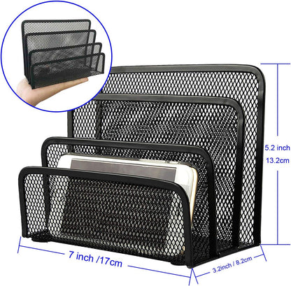 Desk Mail Organizer, File Holder Letter Sorter with 3 Vertical Upright Metal Mesh Compartments Document, Filing, Folders, Mail, Paper Organizer for Home or Office Desktop