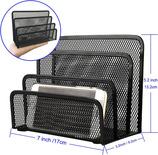 Desk Mail Organizer, File Holder Letter Sorter with 3 Vertical Upright Metal Mesh Compartments Document, Filing, Folders, Mail, Paper Organizer for Home or Office Desktop
