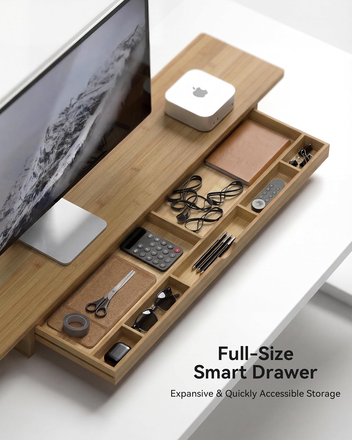 Bamboo Monitor Stand with Large Storage Drawer,23 Inch Ergonomic Computer Riser for Desk, Holds Up to 220lbs, Screen Shelf with 5 Compartments for Keyboard & Stationery Organization