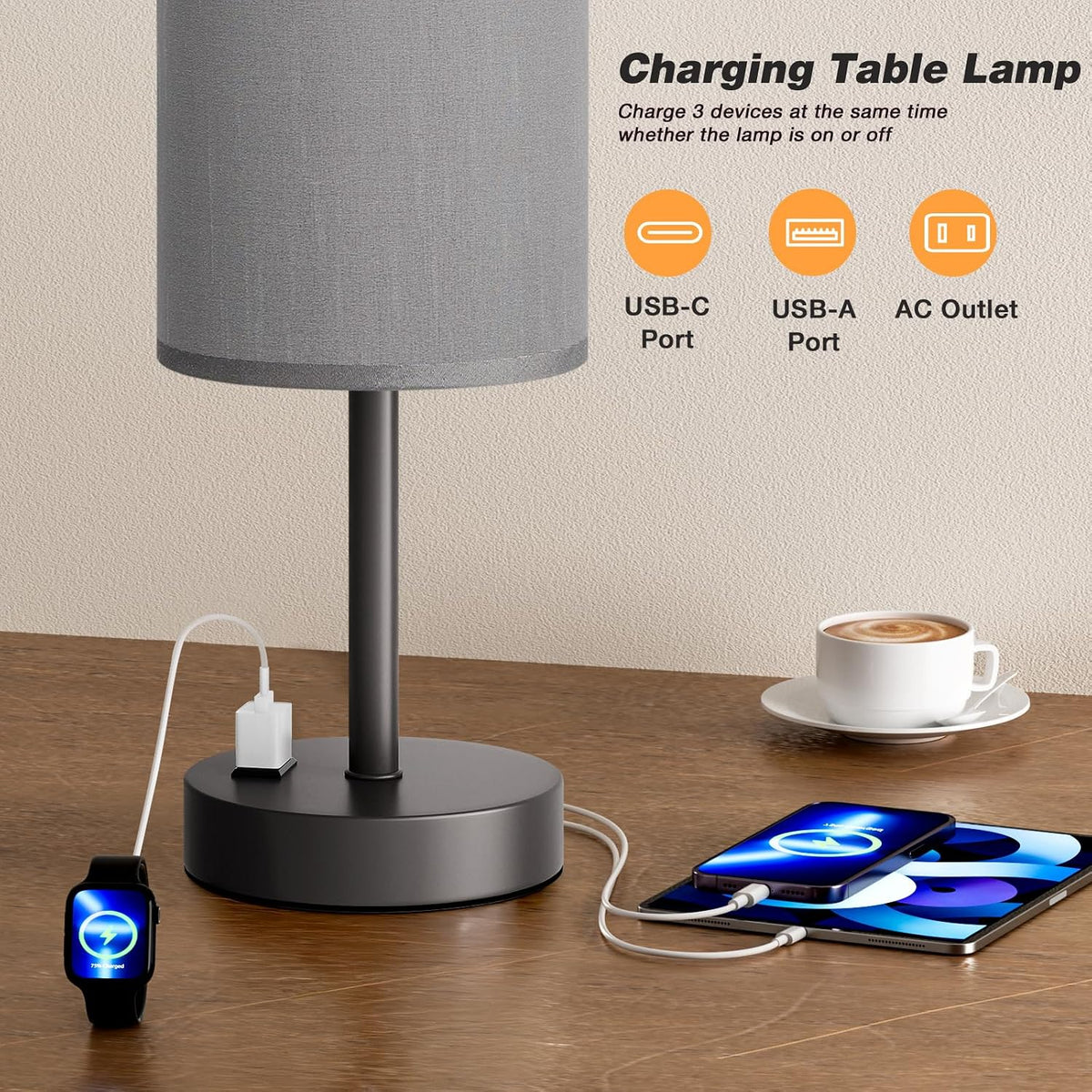 Fenmzee Bedside Table Lamp for Bedroom - Dimmable Touch, USB A+C, AC Outlet