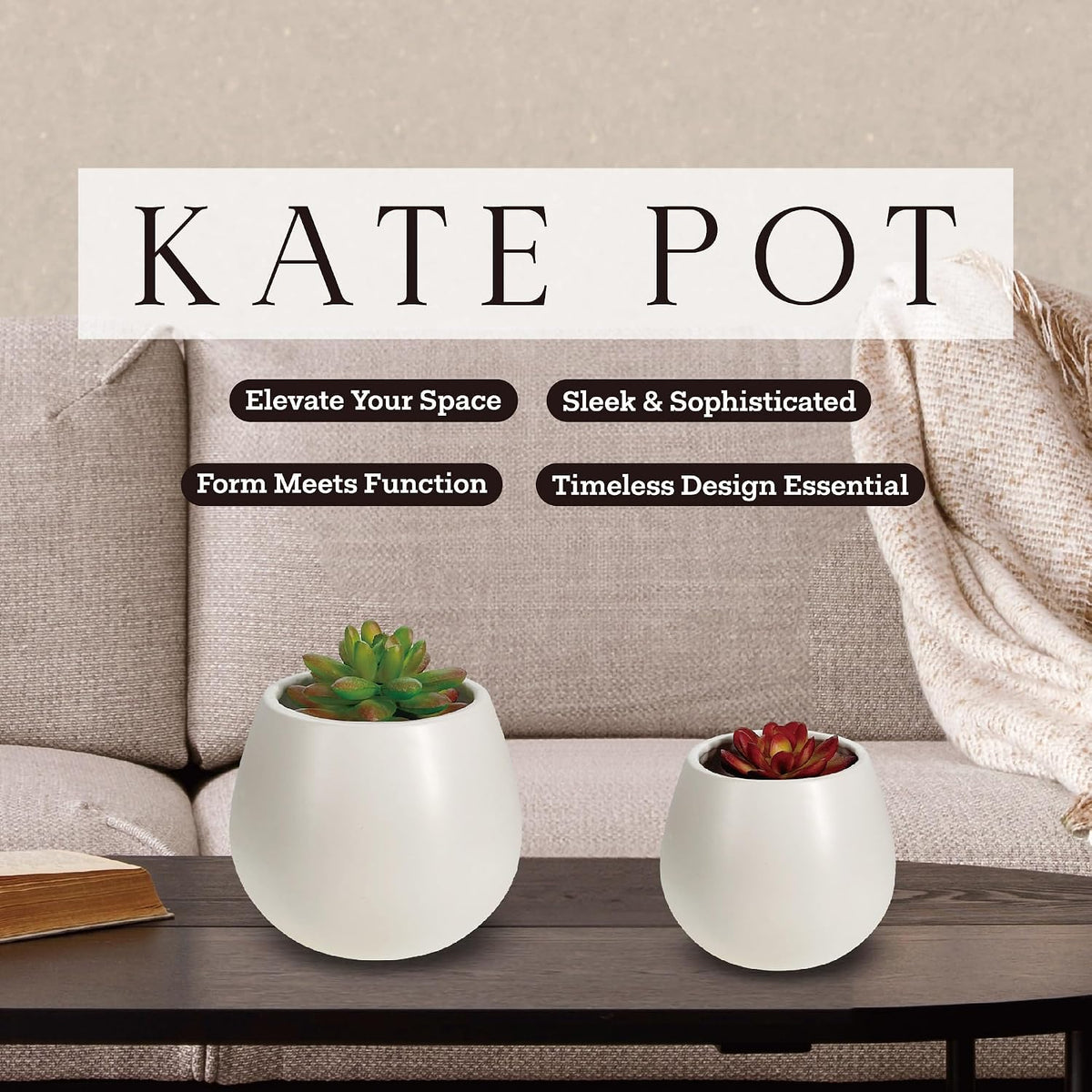 Kate Sleek Matte White Plant Pot Indoor, 5 Inch Pot for Plants, Lightweight, Minimal Style, Tabletop Decorative Garden Pot at Living Room, Work Desk, Ceramic Cachepot for Indoor Plants, Faux Flower
