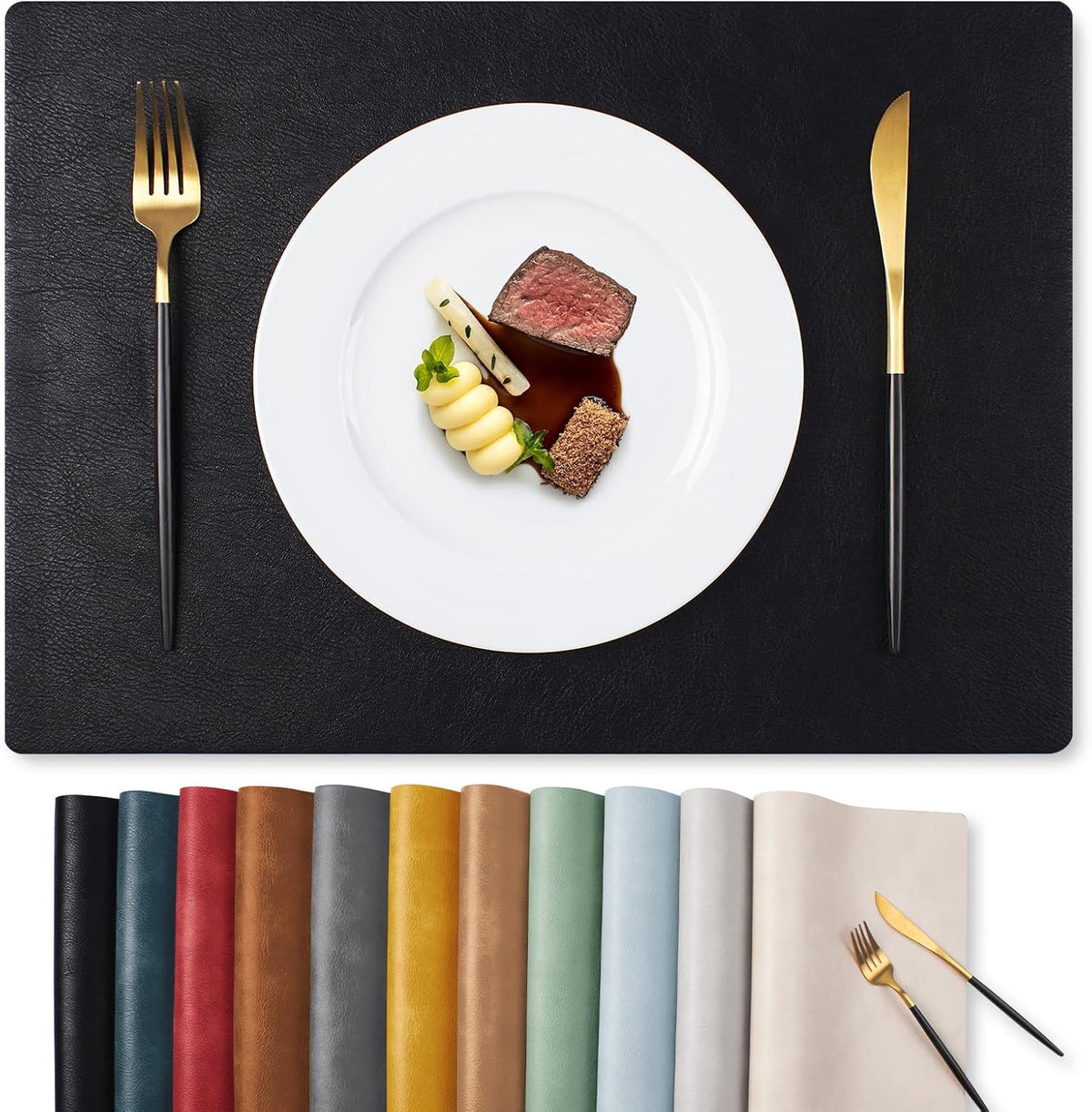 MOSAYT Vinyl Placemats Set of 6-12 X 17 Inch - Faux Leather 100% Waterproof Oil-Proof Wipeable PU Place Mats, Heat Resistant Reversible Table Mats for Kitchen, Dining, Outdoor, Reddish Brown