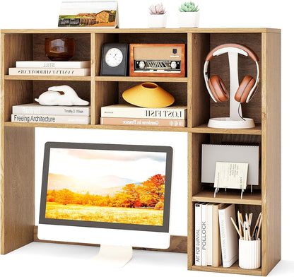 Desktop Bookshelf, Countertop Storage Hutch with 5 Shelves for Computer Desk, Desk 3-Tier Display Rack, Multipurpose Wood Desktop Hutch Storage Organizer for Dorm Office Home