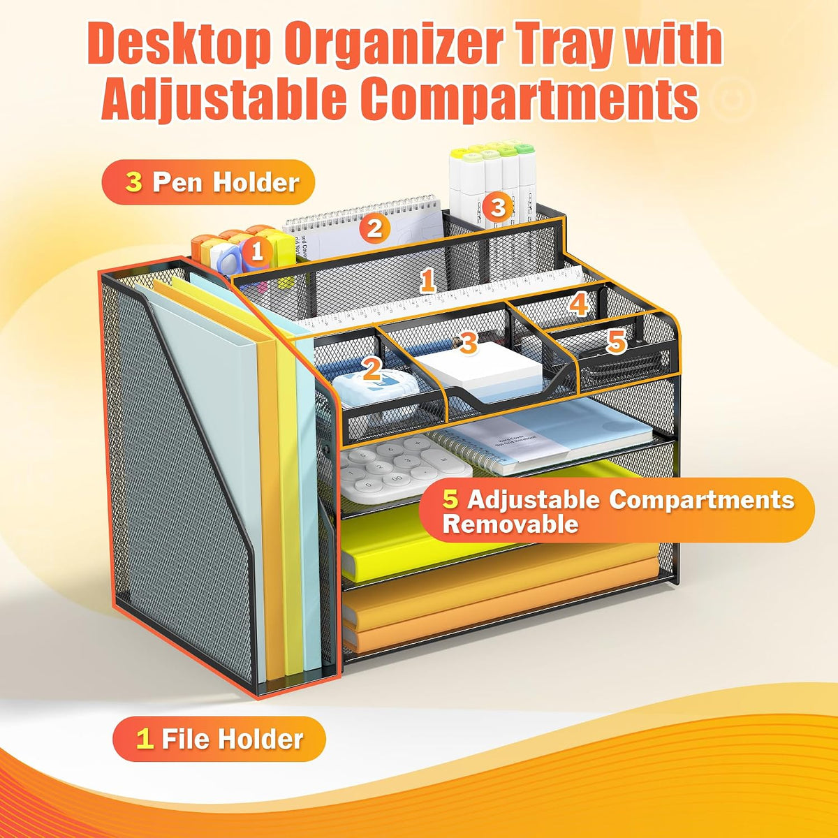 Docnest 5 Tier Mesh Desk Organizer for Paper Office Supplies – Multi-Functional Letter Tray with 5 Adjustable Compartments, 3 Pen Holders, Desktop Storage for Files, Mail, Stationery – Black
