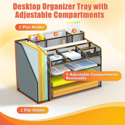Docnest 5 Tier Mesh Desk Organizer for Paper Office Supplies – Multi-Functional Letter Tray with 5 Adjustable Compartments, 3 Pen Holders, Desktop Storage for Files, Mail, Stationery – Black