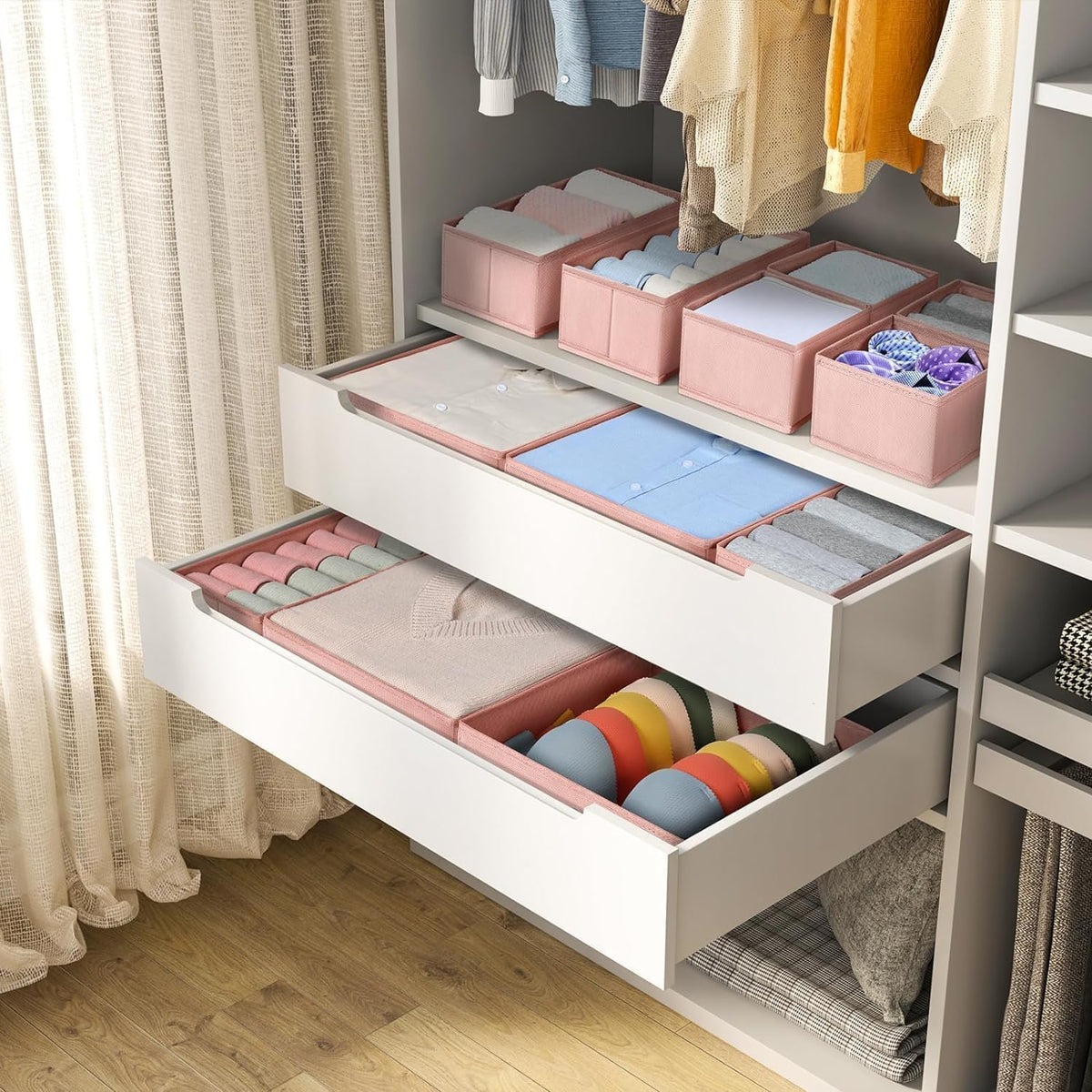 Drawer Organizer Clothes, Dresser Organizer, Foldable Closet Organizers and Storage, Fabric Dresser Bins, Drawer Dividers for Nursery, Baby Clothes, Underwears, Sock (Beige)