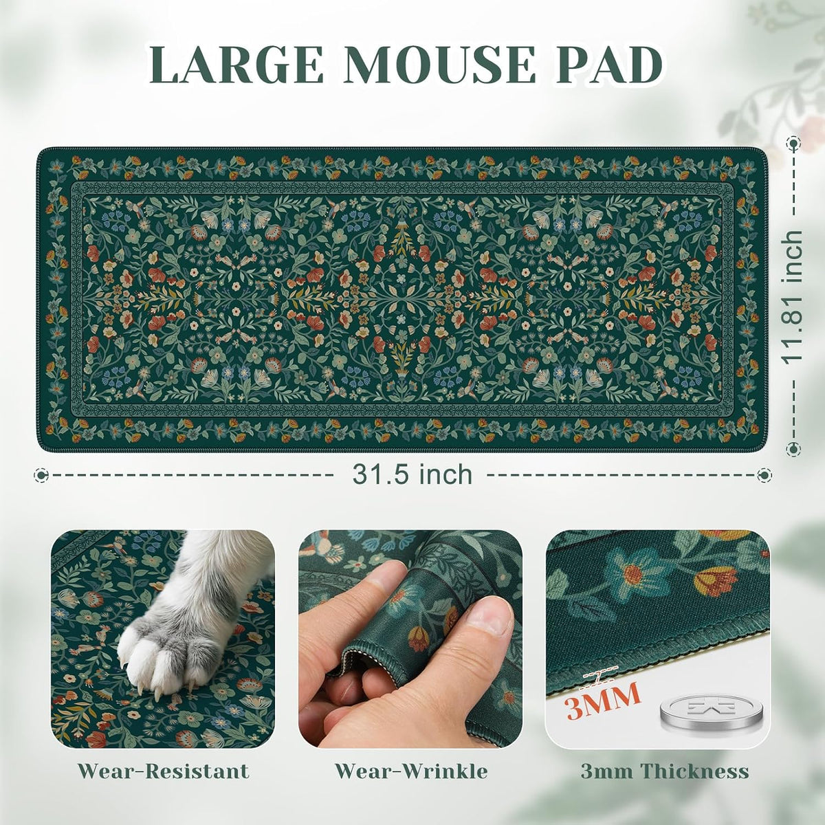 iCasso Desk Mat for Keyboard and Mouse, Large Mouse Pad, Desk Pad Mat, Anti-Slip Big Mousepad with Stitched Edges for Computer Desktop(Deep Green)