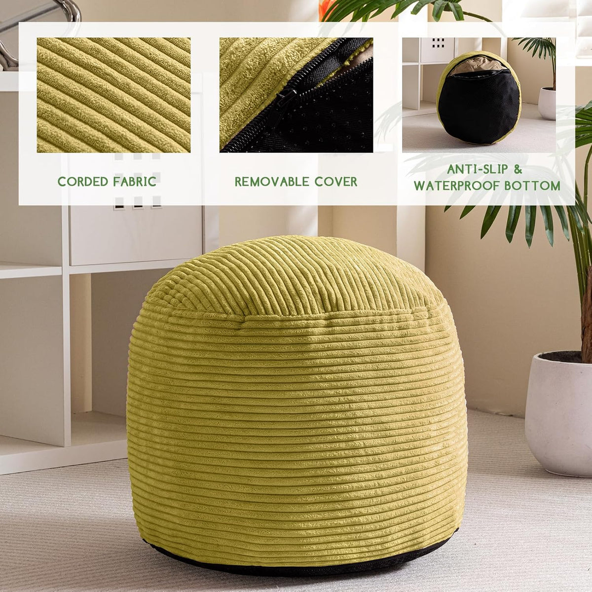 Round Stuffed Pouf Ottoman, Corduroy Poufs with Foam Chunk Filling, Furry and Fluffy Pouf Foot Stool Storage Ottoman, 20 X 15 Floor Poufs Foot Rest for Living Room, Dark Grey