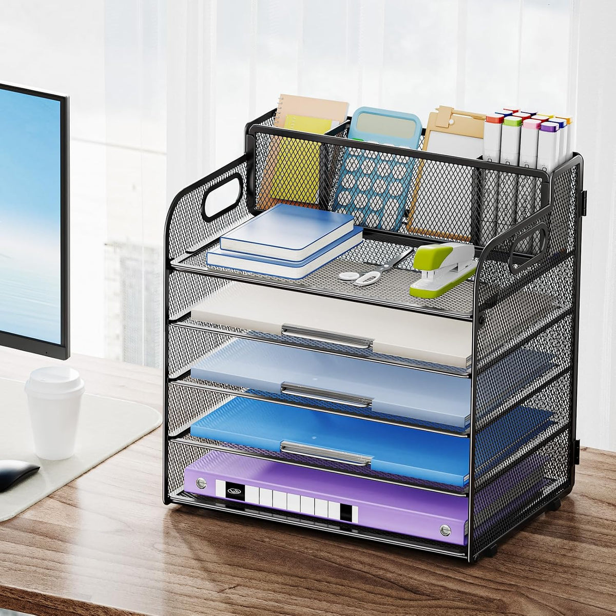 Marbrasse 5 Tier Paper Organizer Letter Tray, Mesh Desk File Organizer with Handle, Paper Sorter Desk Organizer for Home Office Supplies - Black, Adjustable