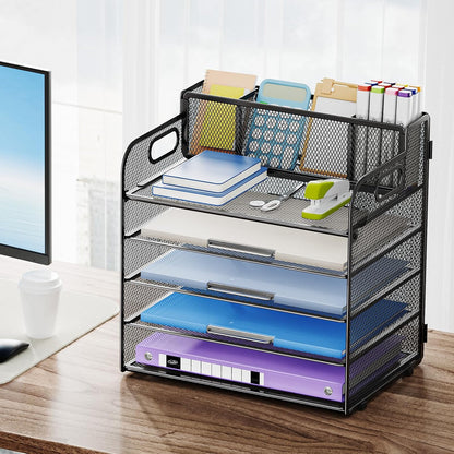 Marbrasse 5 Tier Paper Organizer Letter Tray, Mesh Desk File Organizer with Handle, Paper Sorter Desk Organizer for Home Office Supplies - Black, Adjustable