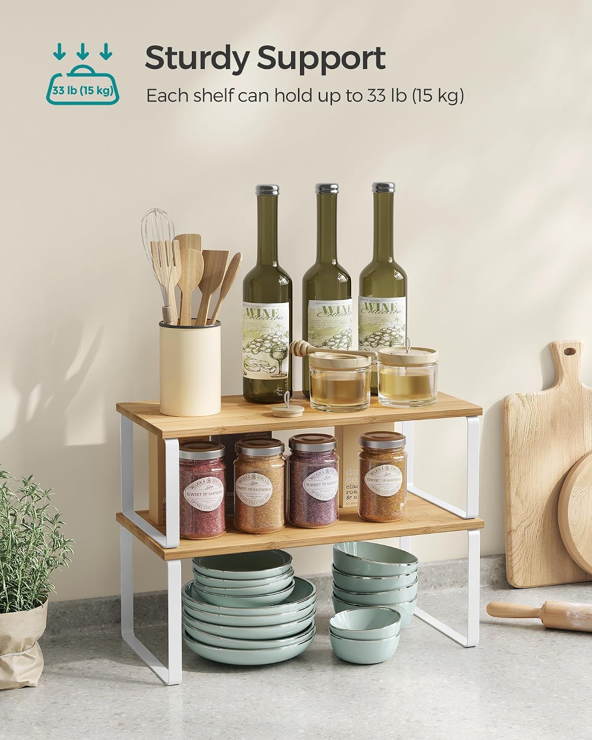 SONGMICS Cabinet Organizer Shelf, Set of 4 Kitchen Counter Shelves, Kitchen Storage, Spice Rack, Stackable, Expandable, Metal and Engineered Wood, Cloud White and Natural Beige UKCS010N01