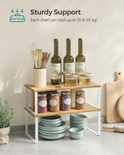 SONGMICS Cabinet Organizer Shelf, Set of 4 Kitchen Counter Shelves, Kitchen Storage, Spice Rack, Stackable, Expandable, Metal and Engineered Wood, Cloud White and Natural Beige UKCS010N01