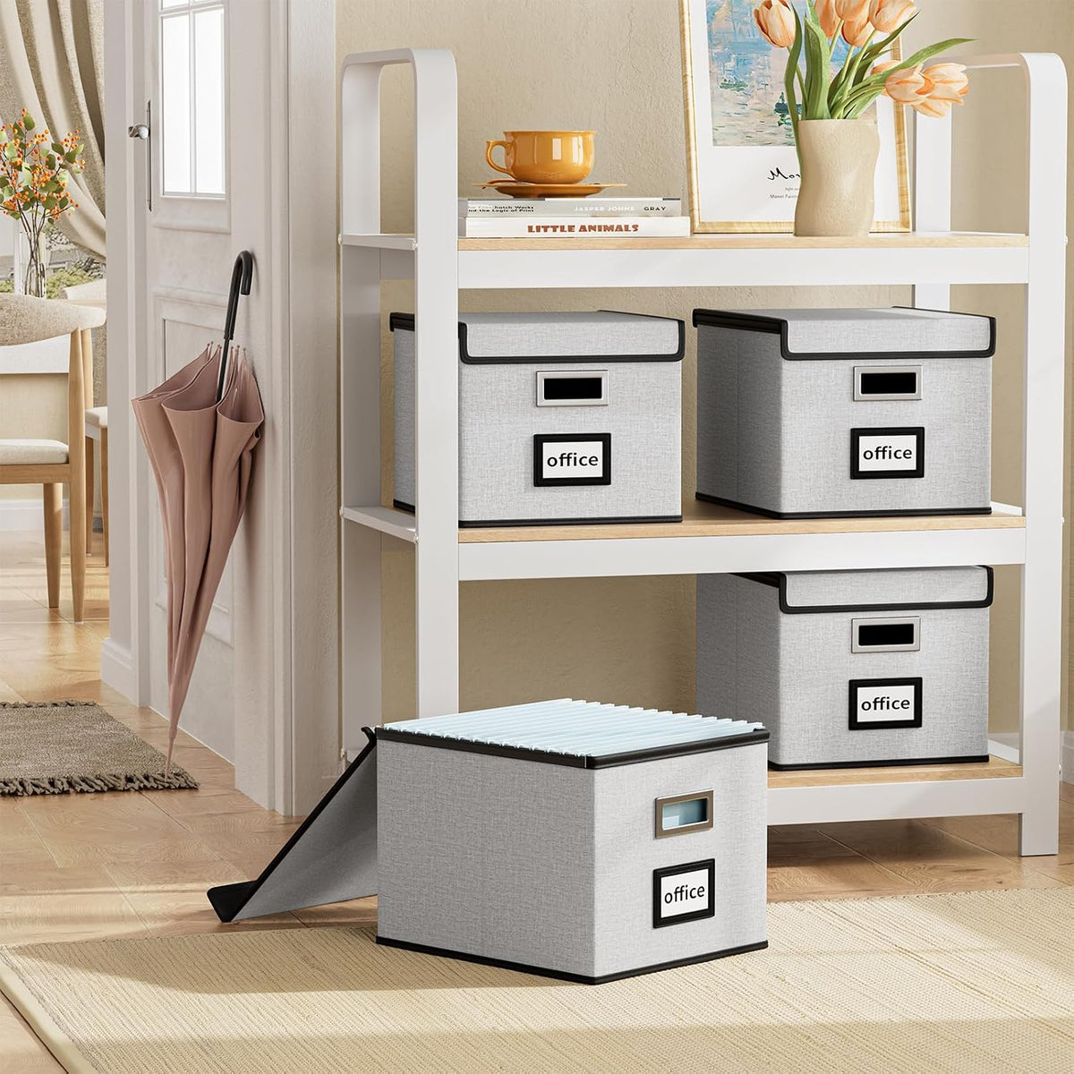 Upgraded Portable File Organizer Box with Lid, Collapsible Linen Hanging Filing Storage Boxes with Plastic Slides, Decorative Home/Office Filing System Box for File and Folders Storage (Gray)