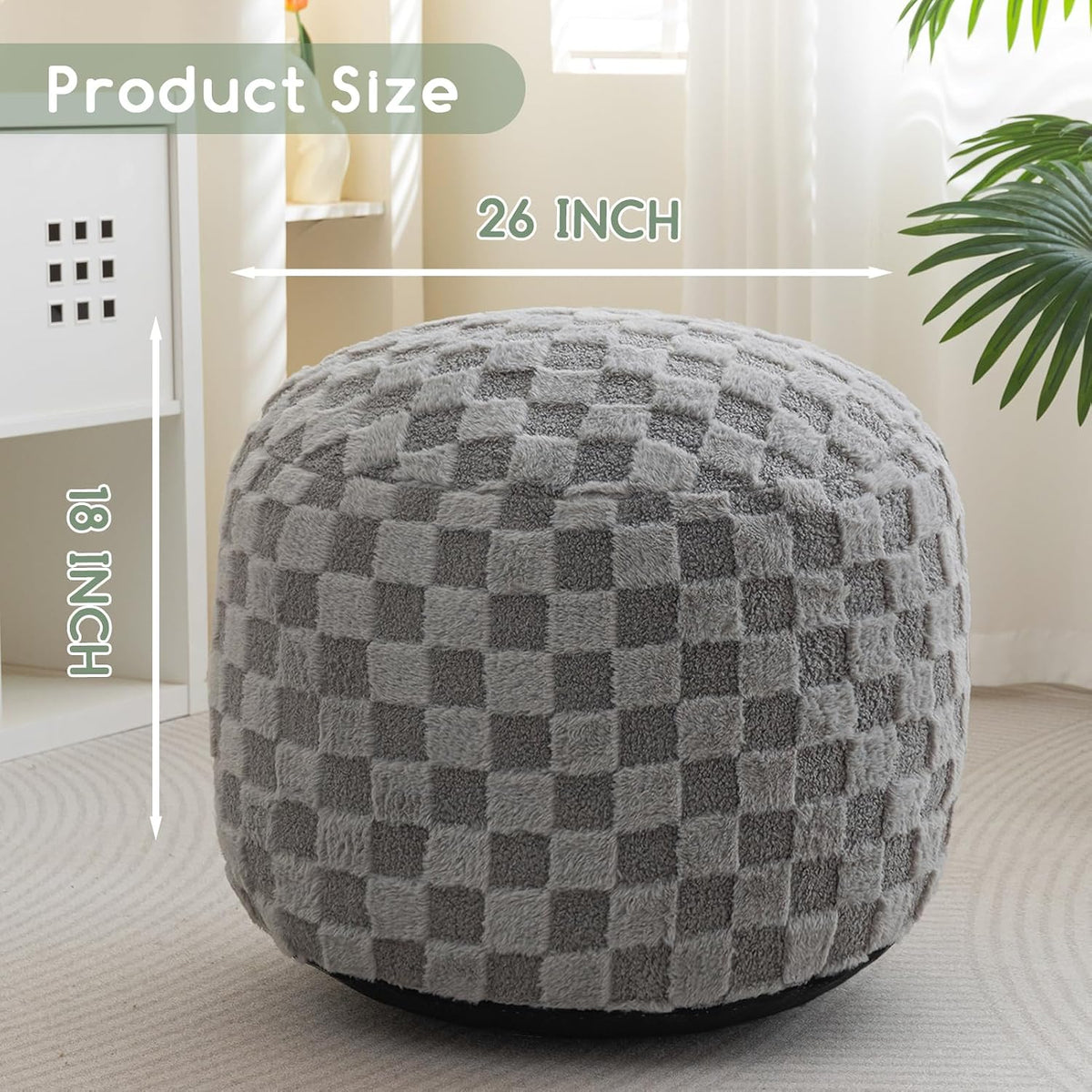 Round Stuffed Pouf Ottoman, Corduroy Poufs with Foam Chunk Filling, Furry and Fluffy Pouf Foot Stool Storage Ottoman, 20 X 15 Floor Poufs Foot Rest for Living Room, Dark Grey