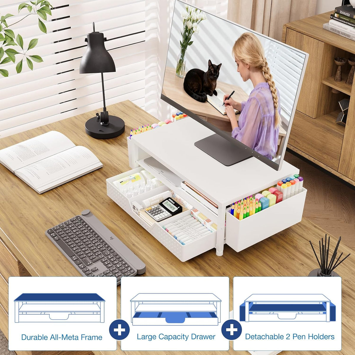 Desk Organizers and Accessories, Computer Monitor Stand Riser with Drawer and 2 Pen Holders, Printer & Laptop Stand, Office Desk Accessories & Workspace Organizers for Home Office Supplies, Black