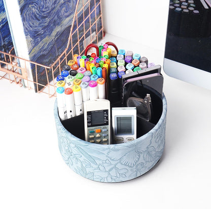 Round Leather Art Supply Organizer,Remote Control Holder,360 Degree Rotating,Multi-Functional Pencil Holder,4 Compartments Desktop Stationary Organizer(1-Blue Bird) - Colors B