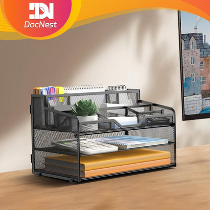Docnest 5 Tier Mesh Desk Organizer for Paper Office Supplies – Multi-Functional Letter Tray with 5 Adjustable Compartments, 3 Pen Holders, Desktop Storage for Files, Mail, Stationery – Black