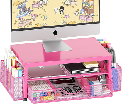 Desk Organizers and Accessories, Computer Monitor Stand Riser with Drawer and 2 Pen Holders, Printer & Laptop Stand, Office Desk Accessories & Workspace Organizers for Home Office Supplies, Black