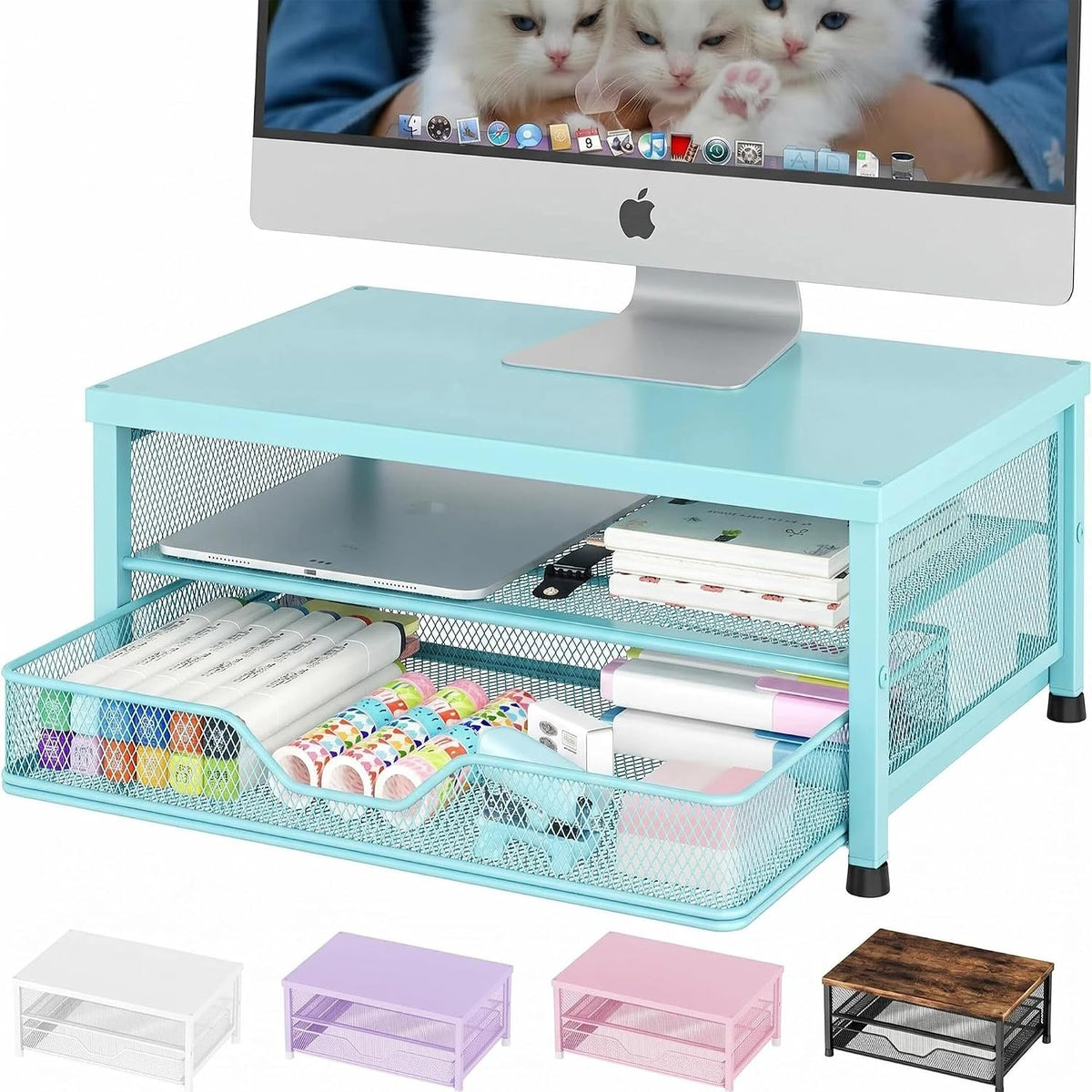 Desk Organizers and Accessories, Computer Monitor Stand Riser with Drawer and 2 Pen Holders, Printer & Laptop Stand, Office Desk Accessories & Workspace Organizers for Home Office Supplies, Black