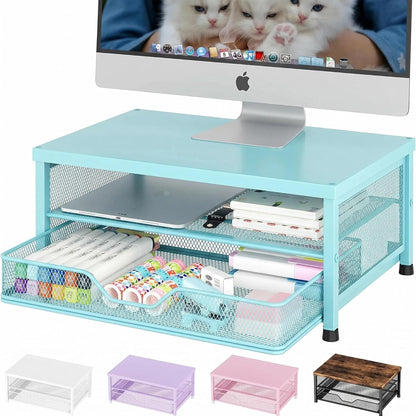 Desk Organizers and Accessories, Computer Monitor Stand Riser with Drawer and 2 Pen Holders, Printer & Laptop Stand, Office Desk Accessories & Workspace Organizers for Home Office Supplies, Black