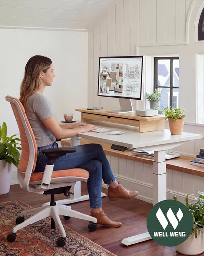 Bamboo Monitor Stand with Large Storage Drawer,23 Inch Ergonomic Computer Riser for Desk, Holds Up to 220lbs, Screen Shelf with 5 Compartments for Keyboard & Stationery Organization